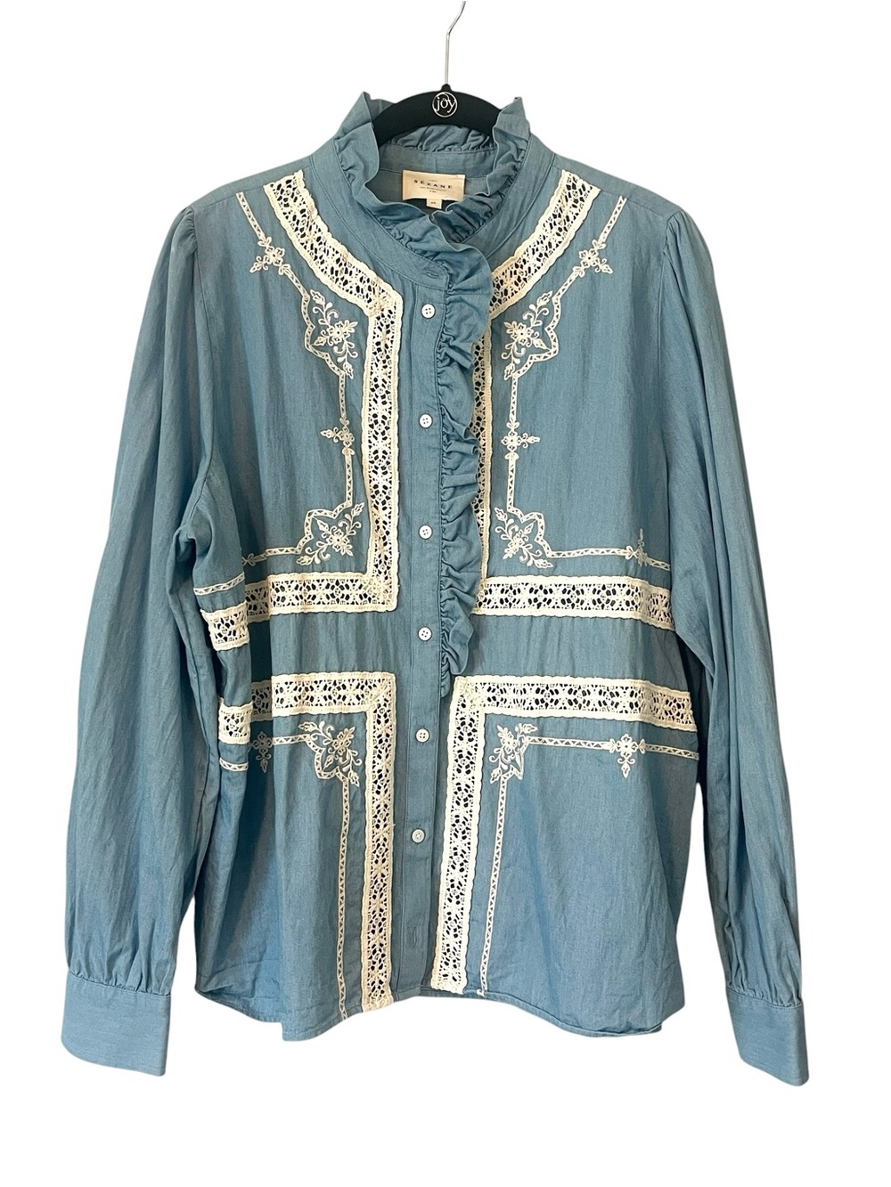Sézane Ulysse Chambray Blouse US 14 EU 46 Blue Ruffle Lace Embroidered Top - Picture 2 of 10